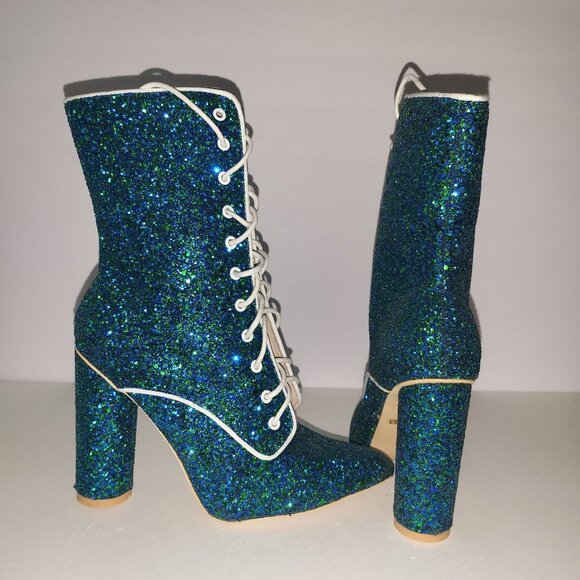 CAPE ROBBIN | Galaxy Glitter Blue Laced Mid Calf Heels - Picture 2 of 9